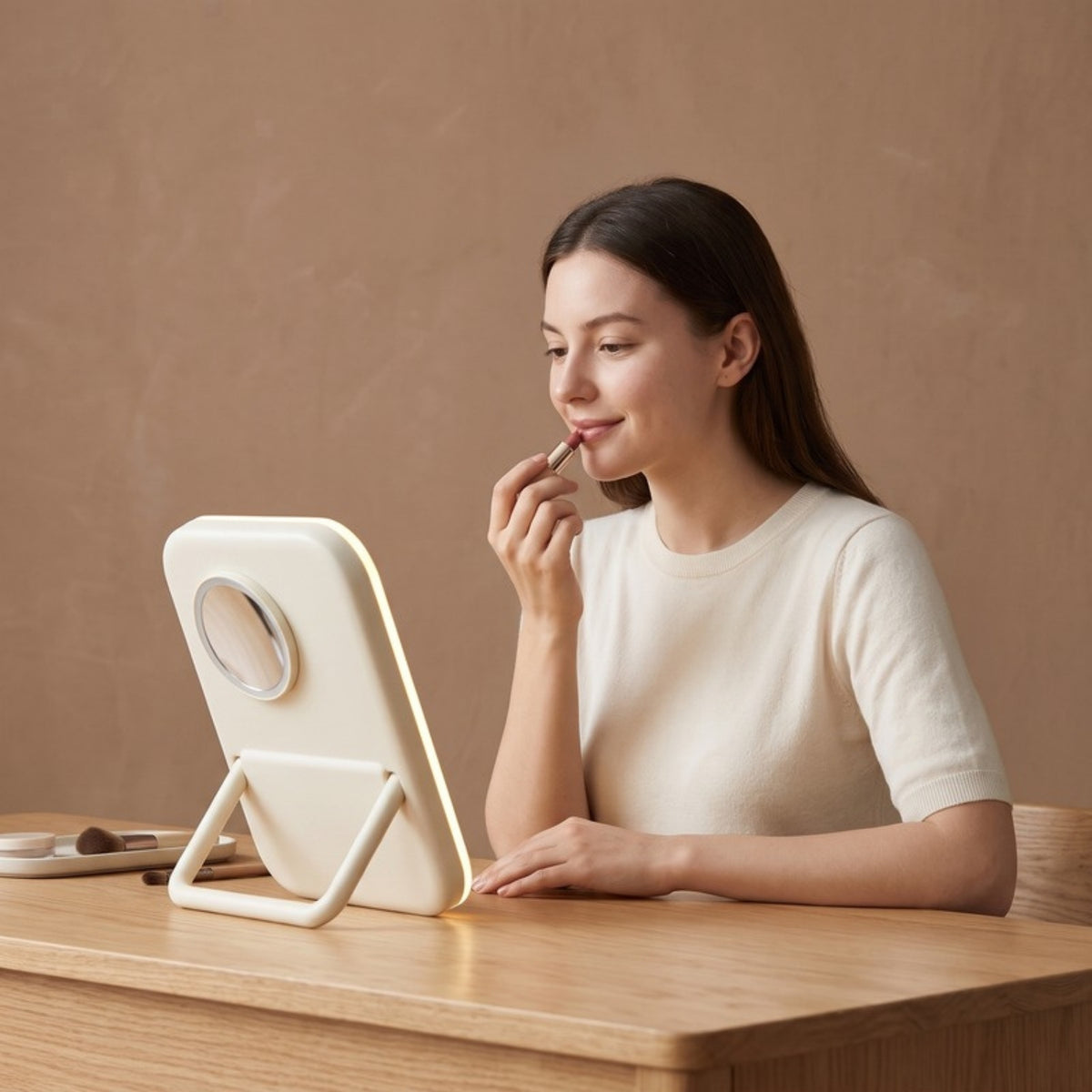 Model using the Lumi Lighted Vanity Mirror