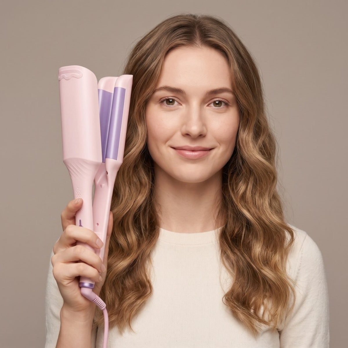 Model holding the Wave Triple Barrel Hair Waver