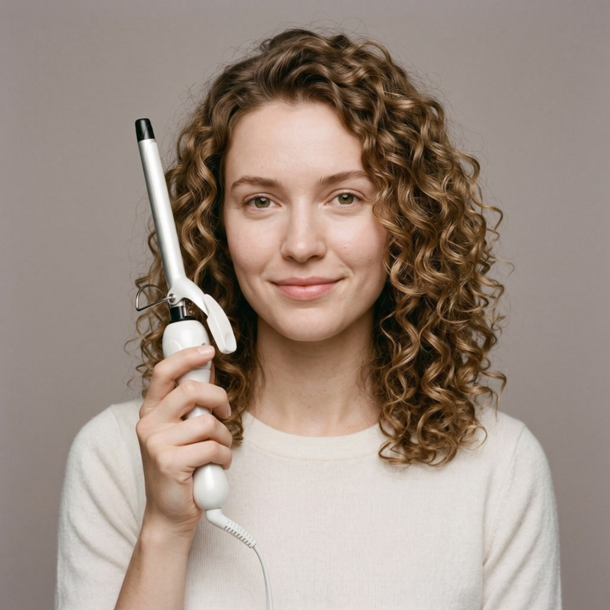 Model holding the Twirl Mini Curling Iron