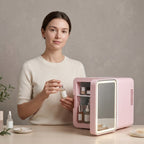 Model holding the Chill Mini Skincare Fridge