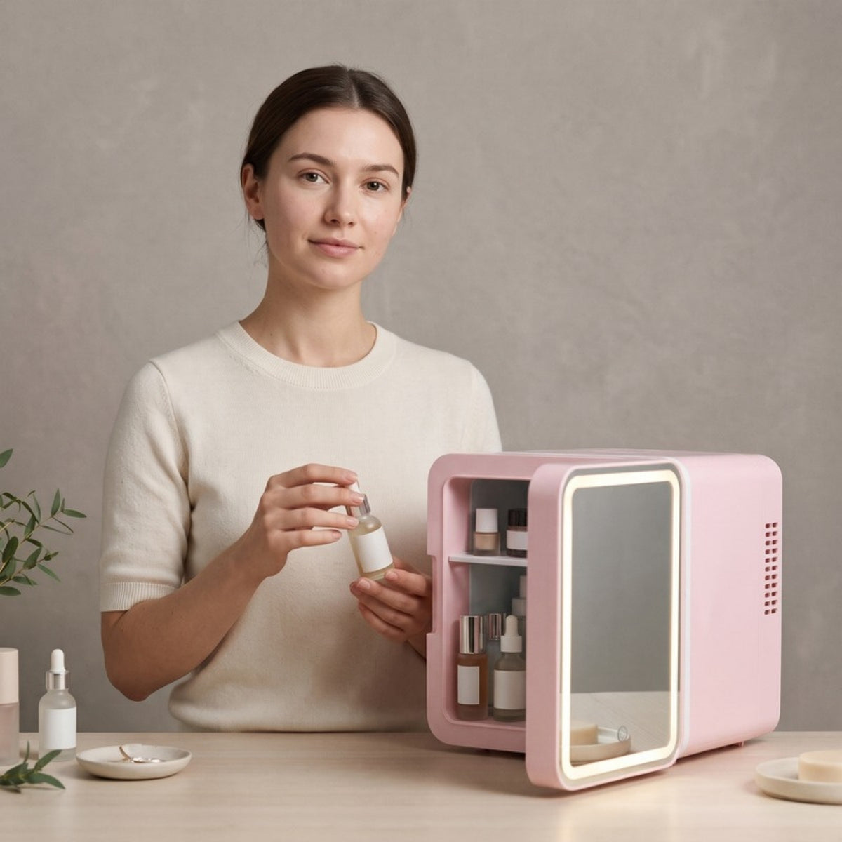 Model holding the Chill Mini Skincare Fridge