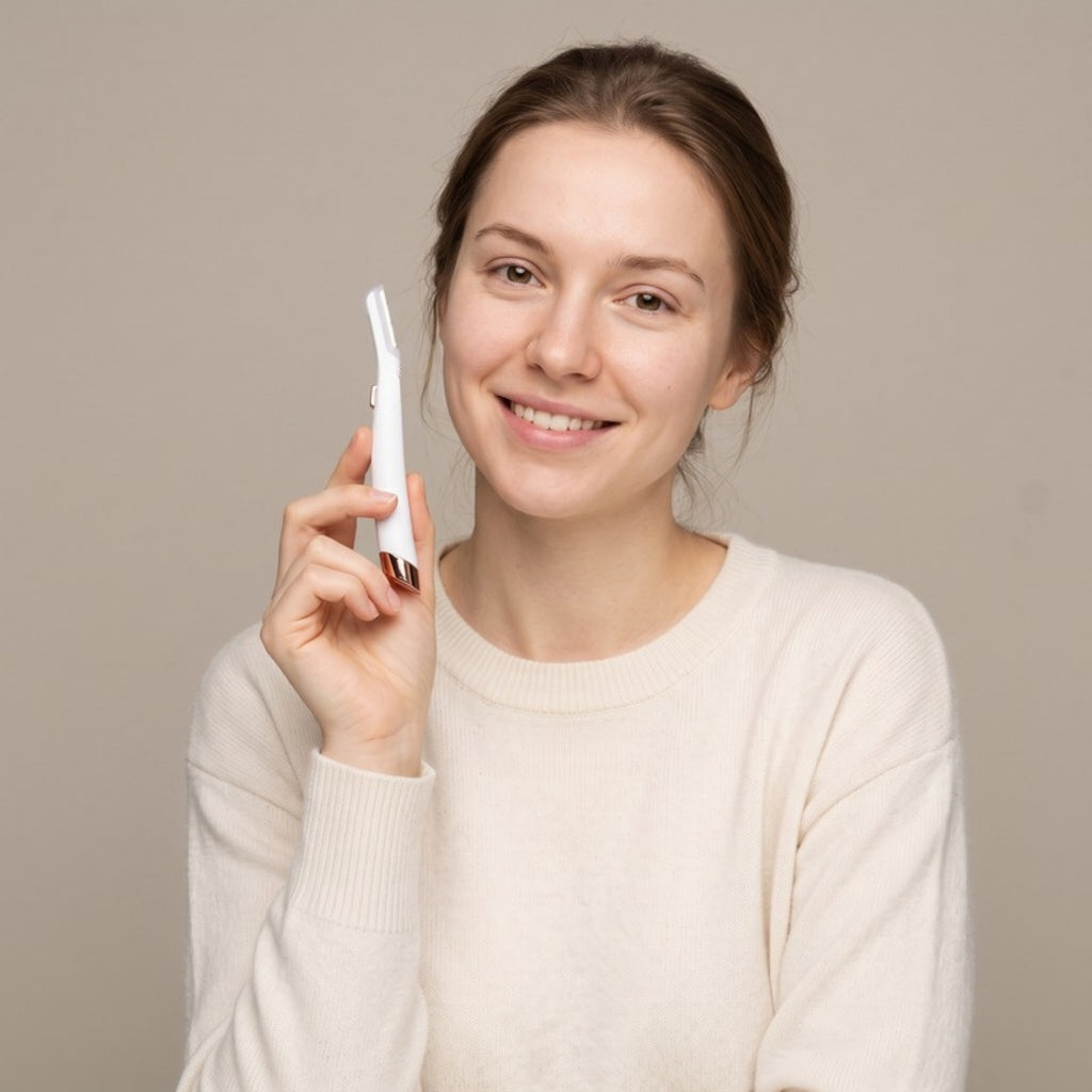 Model holding the Smooth Dermaplaning Facial Trimmer