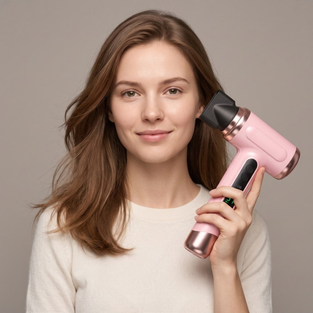 Model holding the Breeze Cordless Hair Dryer