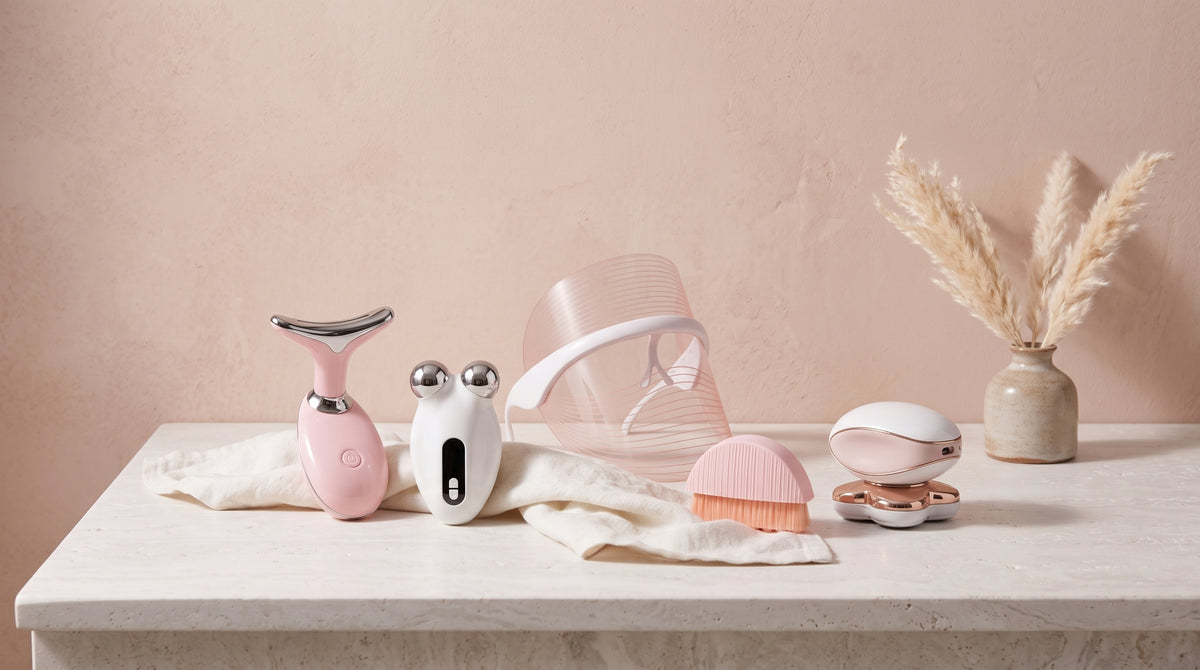 Asetics Label beauty tools on a bright bathroom vanity