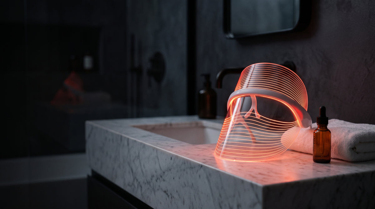 Asetics Glow LED Face Mask glowing red on a marble vanity