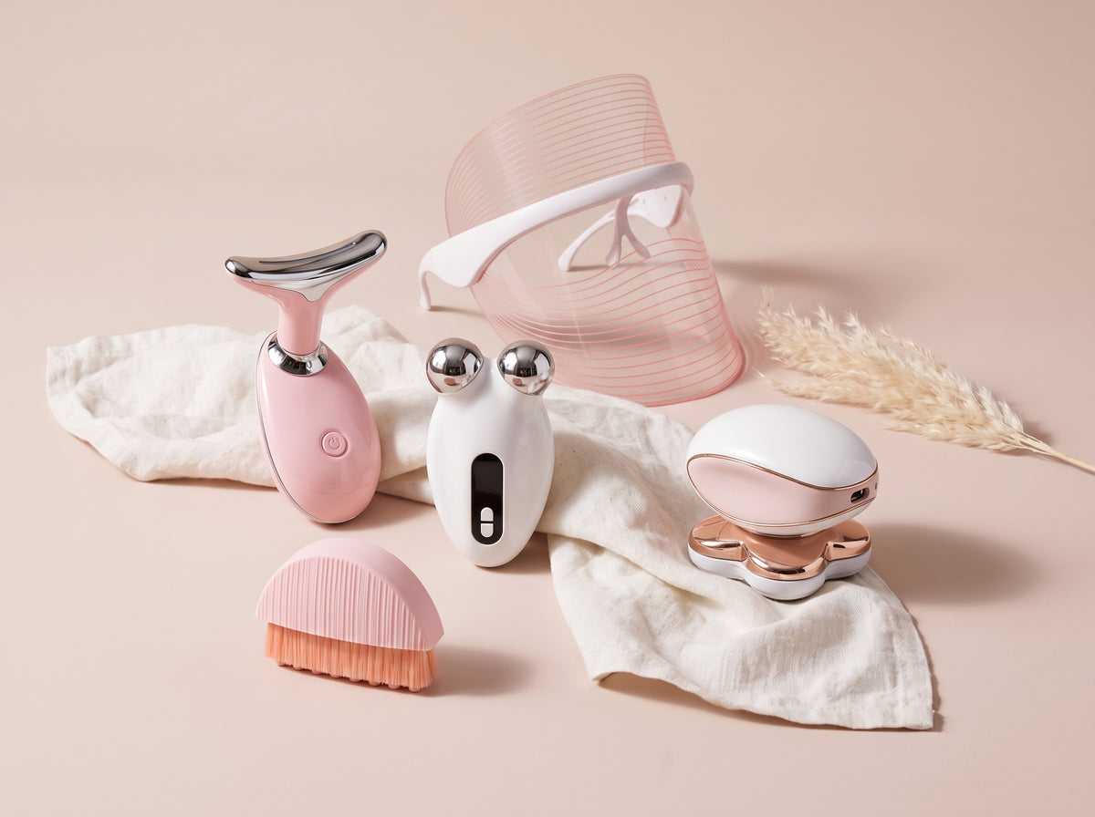The Asetics Label beauty tool collection on a blush background